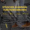 A person is shown riding an electric bicycle, with various features highlighted with text overlays. Produktbild-Vorschau