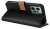A black flip-style phone case with a brown accent strap is shown. Produktbild-Vorschau