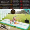 A gymnast performing on an inflatable air track mat in a grassy outdoor setting, with various product features highlighted in the background. Produktbild-Vorschau