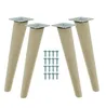 Four wooden furniture legs with metal mounting plates and a set of screws, arranged on a white background.