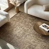 A rug in a living room setting with a sofa and coffee table.