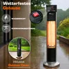 An outdoor patio heater is shown in the rain, highlighting its weather-resistant features and an included cover. Náhled obrázku produktu