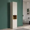 A tall, narrow bathroom cabinet with an open shelf, placed against a green wall in a bathroom setting. Produktbild-Vorschau