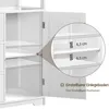 A close-up view of a white wooden cabinet, highlighting the adjustable shelf feature with a magnified inset showing measurement details and text. Produktbild-Vorschau