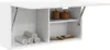 A white wall-mounted cabinet with its top door open, revealing shelves with rolled towels, wooden containers, and soap. Produktbild-Vorschau