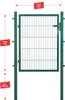 A green metal garden gate with dimensions indicated by red labels. Produktbild-Vorschau