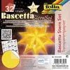 The image shows the packaging of a Bascetta Stern Set, which includes transparent paper for making origami stars. The packaging features a large, golden origami star as the central visual element, along with product details and branding. Anteprima dell’immagine prodotto