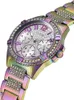 A close-up, angled view of a Guess watch with a multicolor iridescent finish and crystal embellishments. Náhľad obrázku produktu