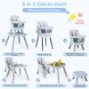 A collage of six different configurations of a baby high chair and table set, illustrating its versatility and different uses. Podgląd zdjęcia produktu