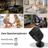 Collage of images showing a classic car, a dog on a bed, children playing with toys, people watching TV, and a small security camera with text about storage options. Produktbild-Vorschau