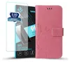 A pink floral flip phone case and a screen protector are displayed against a white background. Produktbild-Vorschau