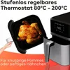 A roasted chicken is shown in an air fryer basket, with the air fryer unit visible on the right. Text overlays describe product features. Produktbild-Vorschau