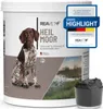 A product container for dog food supplement with a dog and a landscape image. Produktbild-Vorschau