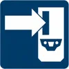 A blue square sign with a white arrow pointing to a white rectangular object with a stylized representation of a car's front end at the bottom. Anteprima dell’immagine prodotto