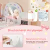 A close-up marketing image of a children's vanity table, showcasing its features and safety aspects. Náhled obrázku produktu