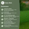 A green plastic garden fence is shown next to a list of its features and benefits. Produktbild-Vorschau
