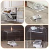 Collage of four images showing acrylic tables in different settings, including a bedroom and living room, with decorative items and books. Produktbild-Vorschau