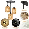 A collage of images showcasing a pendant light fixture with three rattan lampshades, along with close-ups of its components and lighting effects. Produktbild-Vorschau