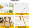 A collage of four images showcasing the details of a round table with a marble-like finish and gold legs. Produktbild-Vorschau