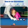 A girl is playing billiards with an adult's help, with text overlays highlighting benefits. Produktbild-Vorschau
