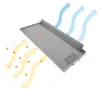 A metal grease filter for a range hood, with arrows indicating airflow and particles being filtered. Produktbild-Vorschau
