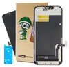 A product shot of an iPhone 13 display replacement kit, including the display, packaging, and adhesive. Náhled obrázku produktu