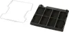 A white outline of a filter frame and a black activated carbon filter with a grid pattern. Voir les images du produit