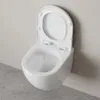 A wall-mounted toilet with the lid open, shown from a slightly elevated front-side angle. Produktbild-Vorschau