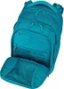 A teal backpack with its front compartment open, revealing mesh pockets inside. The backpack is shown against a white background. Produktbild-Vorschau