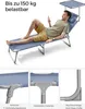 A man is relaxing on a blue lounge chair with a canopy, holding a phone. The image also includes close-up shots of the chair's construction. Produktbild-Vorschau