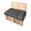 A dark gray cushion on a wooden pallet bench with dimensions indicated. Produktbild-Vorschau