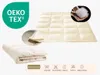 A collage of images showing a beige down comforter, a close-up of its stitching, a handful of down feathers, and washing instructions. Produktbild-Vorschau