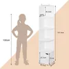 A diagram showing a child's silhouette next to a white corner shelf unit with dimensions indicated. Produktbild-Vorschau
