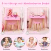 A collage showing a pink children's vanity desk and stool, a pink children's desk and stool, and four children engaged in various activities like dressing up, reading, writing, and drawing. Produktbild-Vorschau