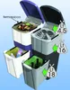 Multiple trash bins of different sizes and colors, some with green liners, are shown in a diagrammatic illustration. Arrows and text indicate capacities. Náhľad obrázku produktu