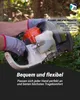 A person wearing gloves is holding a hedge trimmer, with text overlays describing the product's features. Produktbild-Vorschau