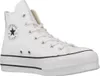 A white Converse high-top sneaker with a platform sole, shown from the side. Voir les images du produit