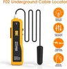 A yellow and black underground cable locator transmitter with a coiled black cable and a black probe. Feature callouts with icons and text are on the right side. Produktbild-Vorschau