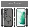 Multiple views of a black phone case with a magnetic ring on the back, displayed against a gray and black background with text. Náhled obrázku produktu
