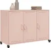 A pink metal sideboard with three doors and wheels, decorated with two vases and a stack of books on top. Náhľad obrázku produktu