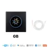 A black smart thermostat with a circular digital display and a coiled white wire with a sensor on the end, set against a white background. Below the thermostat are several logos indicating compatibility with Wi-Fi, Alexa, Google Assistant, MOES APP, Smart  Produktbild-Vorschau