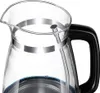 Close-up view of the top portion of a glass kettle with a black handle. Anteprima dell’immagine prodotto