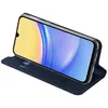 A dark blue flip case for a smartphone, shown at an angle with the phone screen displaying a colorful wallpaper. Produktbild-Vorschau