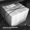 A large cardboard box secured with bungee cords in the trunk of a car. Produktbild-Vorschau
