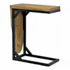A C-frame side table with a wooden top and a wooden panel on the side, set against a white background. Voir les images du produit
