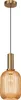 A pendant light with a ribbed amber glass shade and a gold metal fixture, isolated on a white background. Produktbild-Vorschau