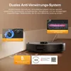 A black robot vacuum cleaner is shown on a wooden floor, with close-up insets highlighting its anti-tangle brush system and side brush. Produktbild-Vorschau