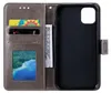 An open flip phone case with a phone inserted, showing card slots and a picture. Produktbild-Vorschau