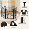 A dog is inside a black metal playpen, with various close-up shots of the playpen's features around it. Produktbild-Vorschau