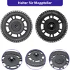 Collage showing parts of a black mop holder for robotic mops, with close-up views. Produktbild-Vorschau